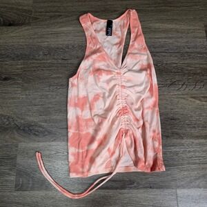 Bobi Los Angeles Womens L Tank Top Peach Tie Dye Ruched Front Ribbed V-Neck